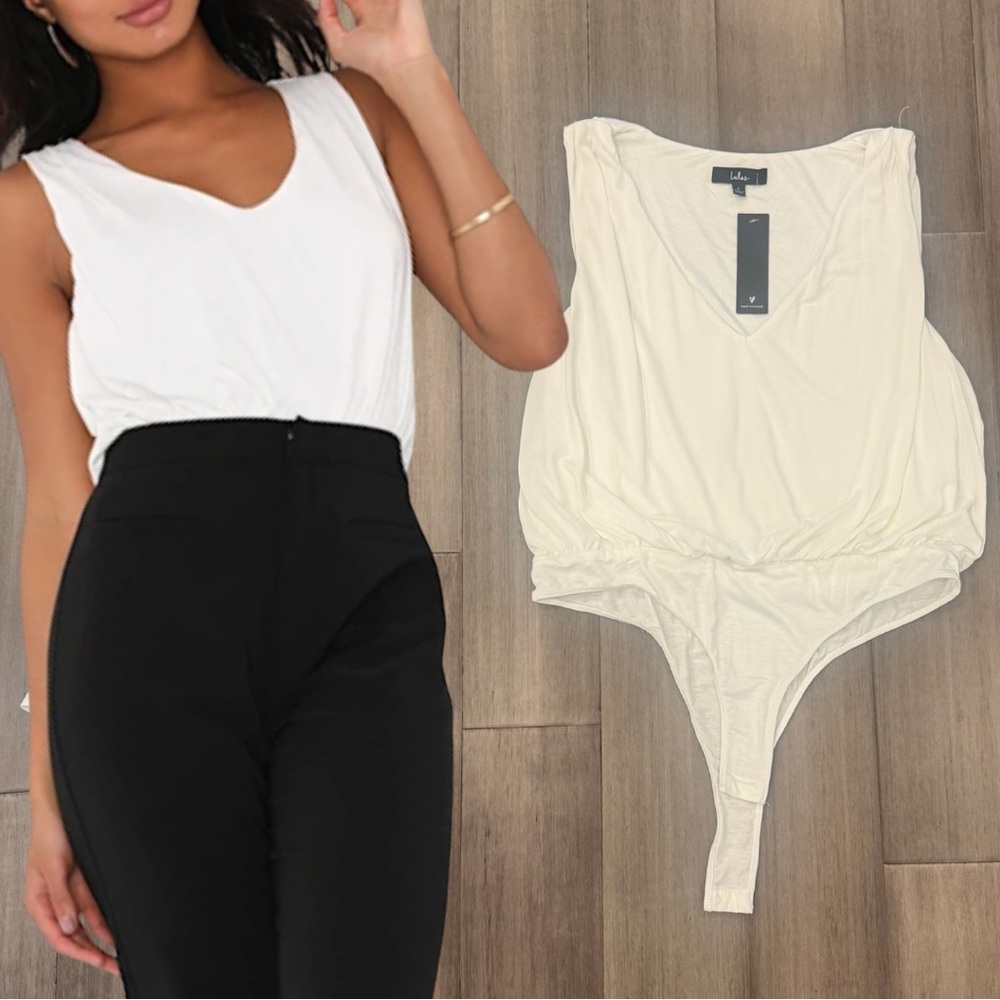 Lulus Ivory V-Neck Sleeveless Bodysuit | Size Large NWT